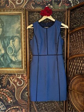 J.Crew Blue Geometric Print Sheath Dress Petite 4 Career Preppy